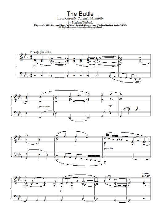 Stephen Warbeck The Battle (from Captain Corelli's Mandolin) sheet music notes and chords. Download Printable PDF.