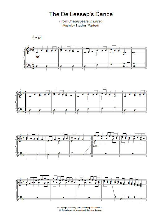 Learn to play Stephen Warbeck The De Lessep's Dance (from Shakespeare In Love) sheet music for Piano Solo in minutes. Stephen Warbeck The De Lessep's Dance (from Shakespeare In Love) sheet music notes and chords. Download Printable PDF.