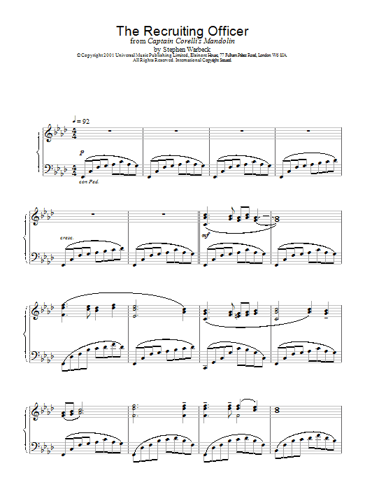 Learn to play Stephen Warbeck The Recruiting Officer (from Captain Corelli's Mandolin) sheet music for Piano Solo in minutes. Price: 6.9900$ Stephen Warbeck The Recruiting Officer (from Captain Corelli's Mandolin) sheet music notes and chords. Download Printable PDF.