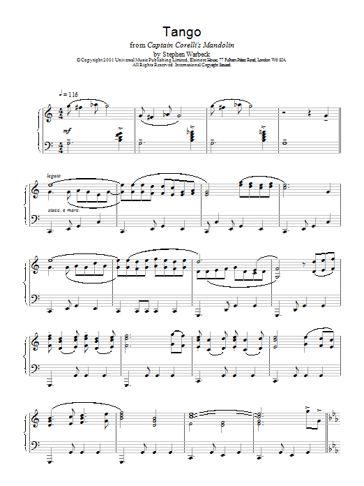 Stephen Warbeck The Tango (from Captain Corelli's Mandolin) sheet music notes and chords. Download Printable PDF.