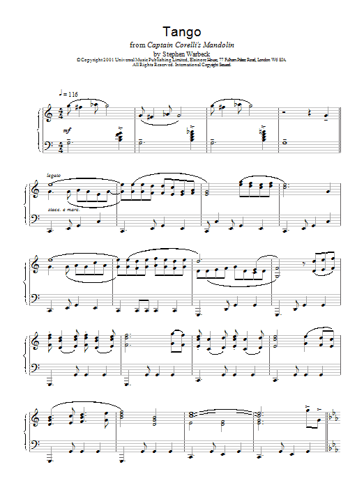 Learn to play Stephen Warbeck The Tango (from Captain Corelli's Mandolin) sheet music for Piano Solo in minutes. Stephen Warbeck The Tango (from Captain Corelli's Mandolin) sheet music notes and chords. Download Printable PDF.