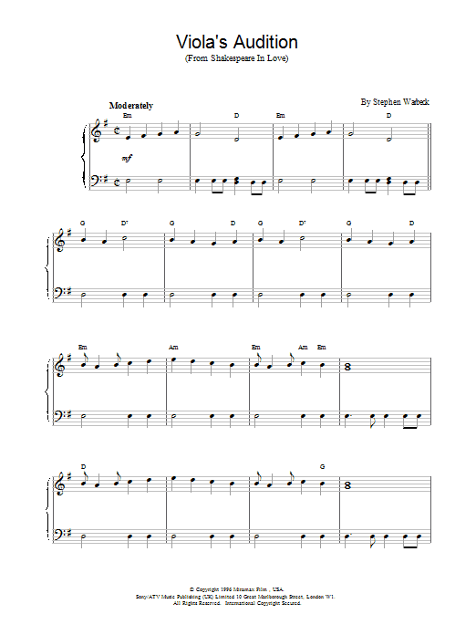 Stephen Warbeck Viola's Audition (from Shakespeare In Love) sheet music notes and chords. Download Printable PDF.