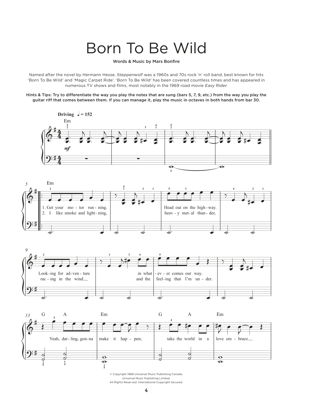 Steppenwolf Born To Be Wild sheet music notes and chords. Download Printable PDF.