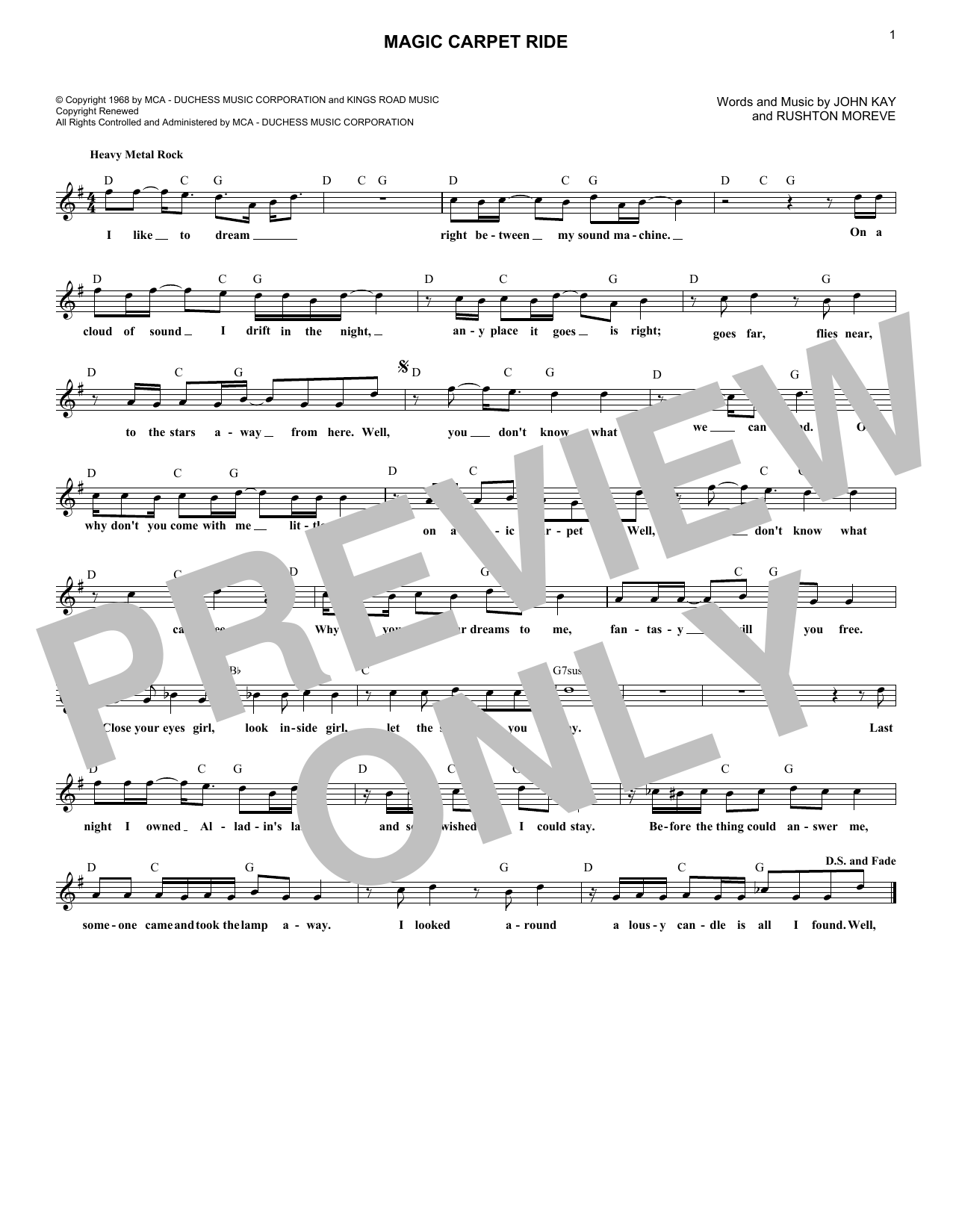 Steppenwolf Magic Carpet Ride sheet music notes and chords. Download Printable PDF.