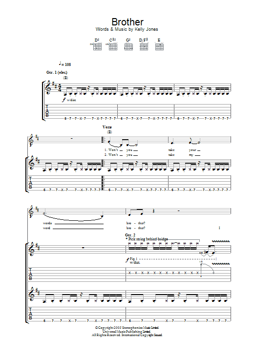 Stereophonics Brother sheet music notes and chords. Download Printable PDF.