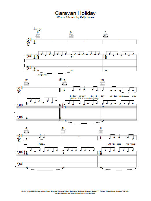 Stereophonics Caravan Holiday sheet music notes and chords. Download Printable PDF.