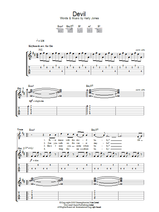 Stereophonics Devil sheet music notes and chords. Download Printable PDF.