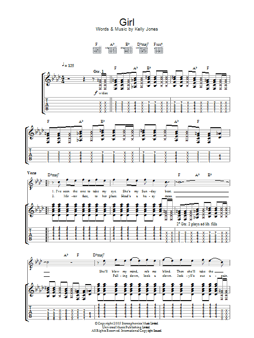 Stereophonics Girl sheet music notes and chords. Download Printable PDF.