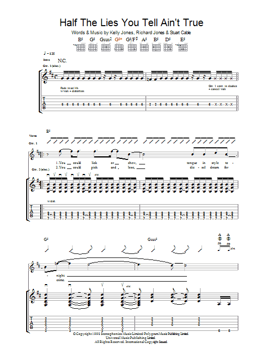 Learn to play Stereophonics Half The Lies You Tell Ain't True sheet music for Guitar Tab in minutes. Stereophonics Half The Lies You Tell Ain't True sheet music notes and chords. Download Printable PDF.