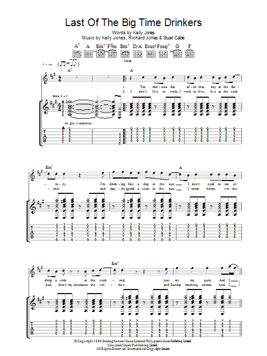Learn to play Stereophonics Last Of The Big Time Drinkers sheet music for Guitar Chords/Lyrics in minutes. Stereophonics Last Of The Big Time Drinkers sheet music notes and chords. Download Printable PDF.