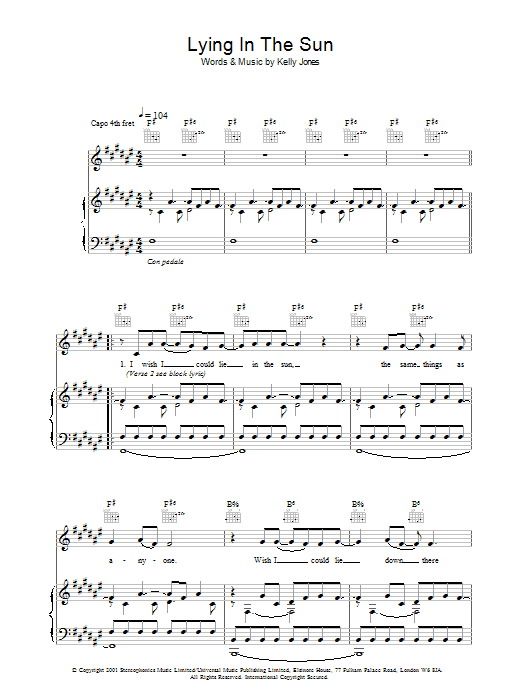 Stereophonics Lying In The Sun sheet music notes and chords. Download Printable PDF.