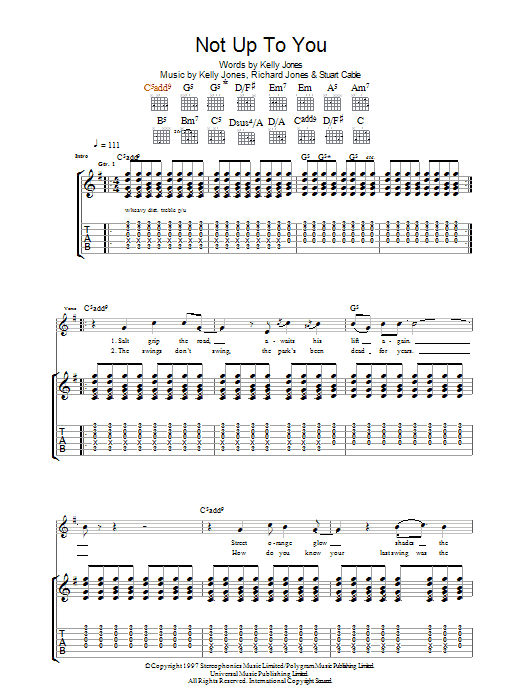 Learn to play Stereophonics Not Up To You sheet music for Guitar Tab in minutes. Stereophonics Not Up To You sheet music notes and chords. Download Printable PDF.