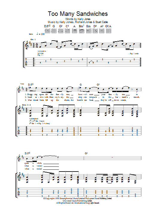 Stereophonics Too Many Sandwiches sheet music notes and chords. Download Printable PDF.