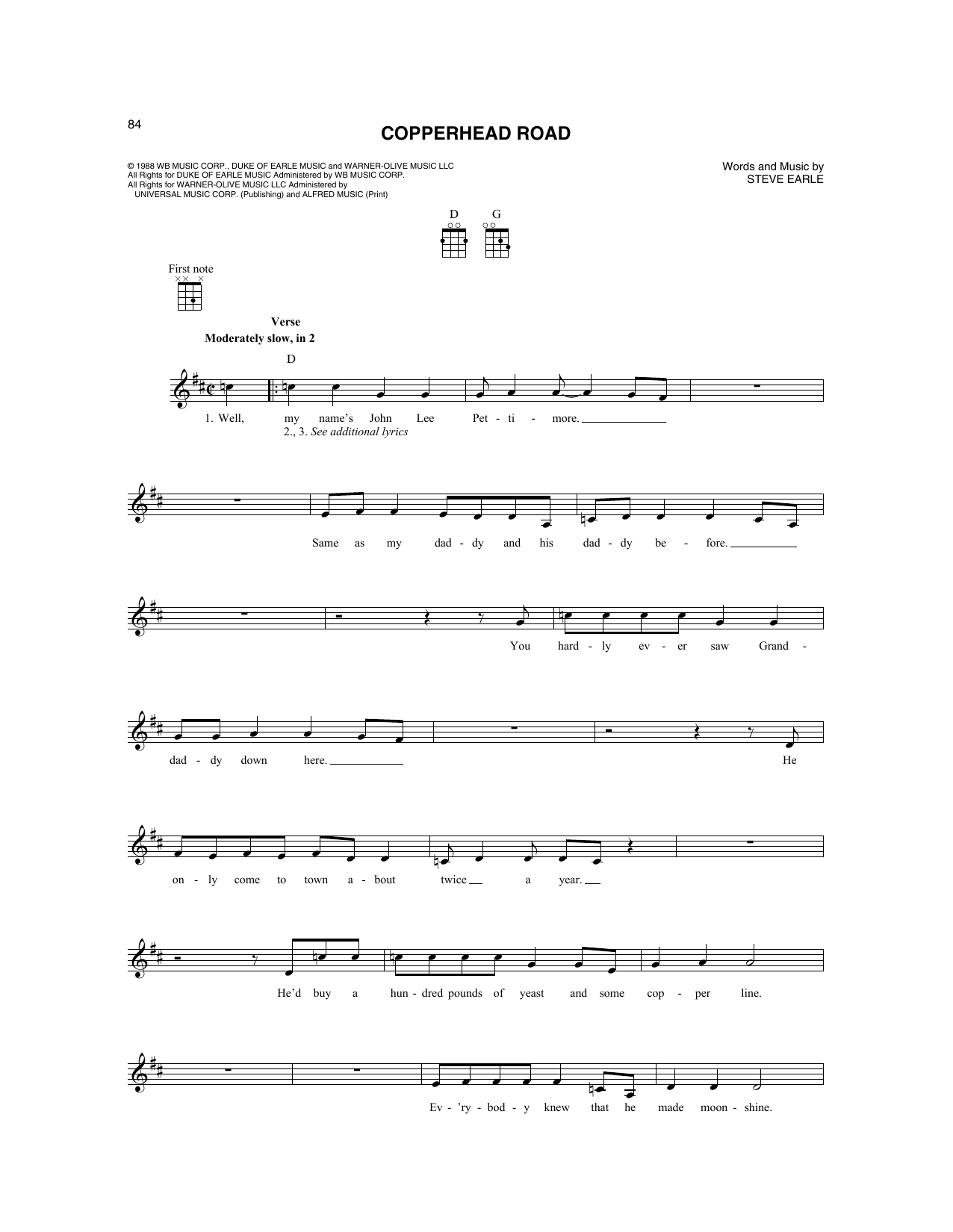 Steve Earle Copperhead Road sheet music notes and chords. Download Printable PDF.