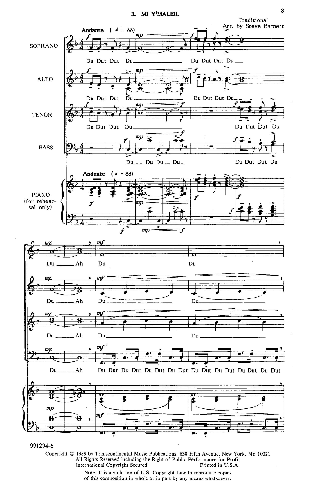 Learn to play Steve Barnett Mi Y'maleil Rehearsal Piano sheet music for SATB Choir in minutes. Price: 3.9900$ Steve Barnett Mi Y'maleil Rehearsal Piano sheet music notes and chords arranged for SATB Choir