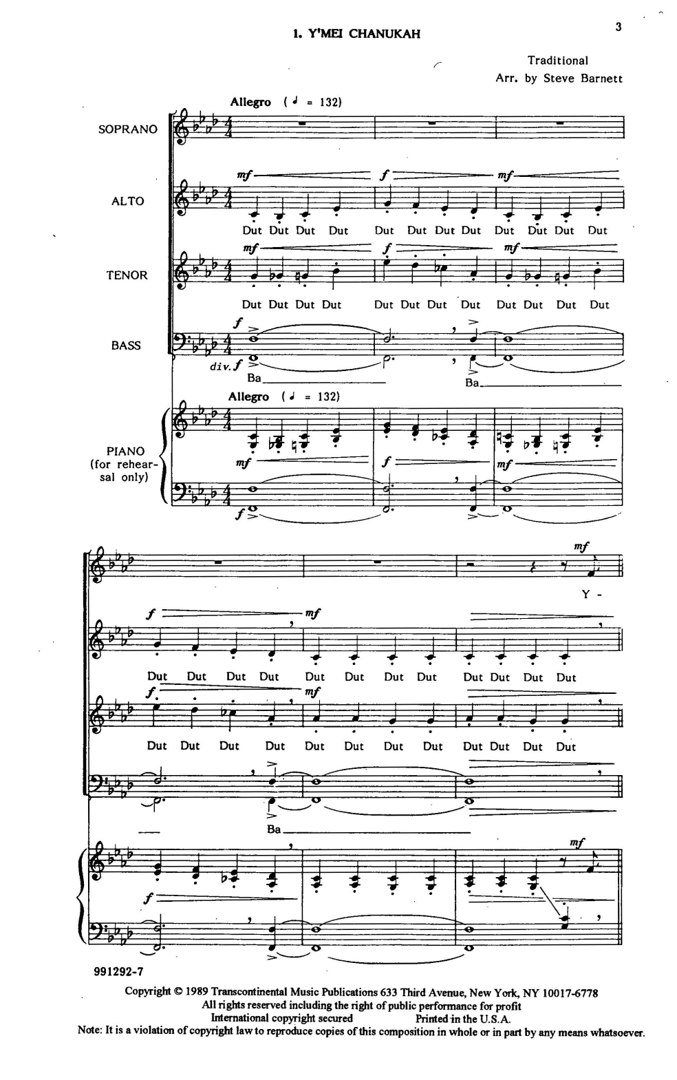Learn to play Steve Barnett Y'mei Chanukah Rehearsal Piano sheet music for SATB Choir in minutes. Price: 3.9900$ Steve Barnett Y'mei Chanukah Rehearsal Piano sheet music notes and chords arranged for SATB Choir