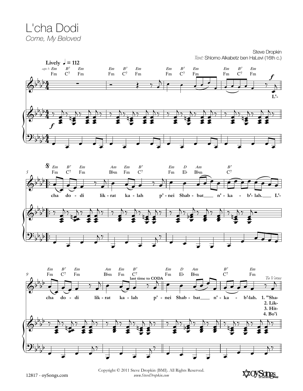 Steve Dropkin L'cha Dodi sheet music notes and chords. Download Printable PDF.