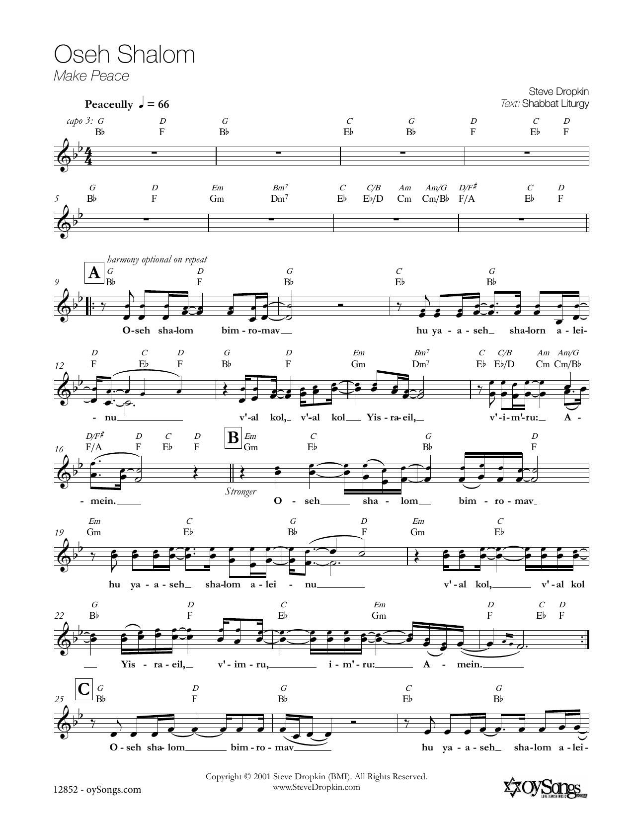 Steve Dropkin Oseh Shalom sheet music notes and chords. Download Printable PDF.