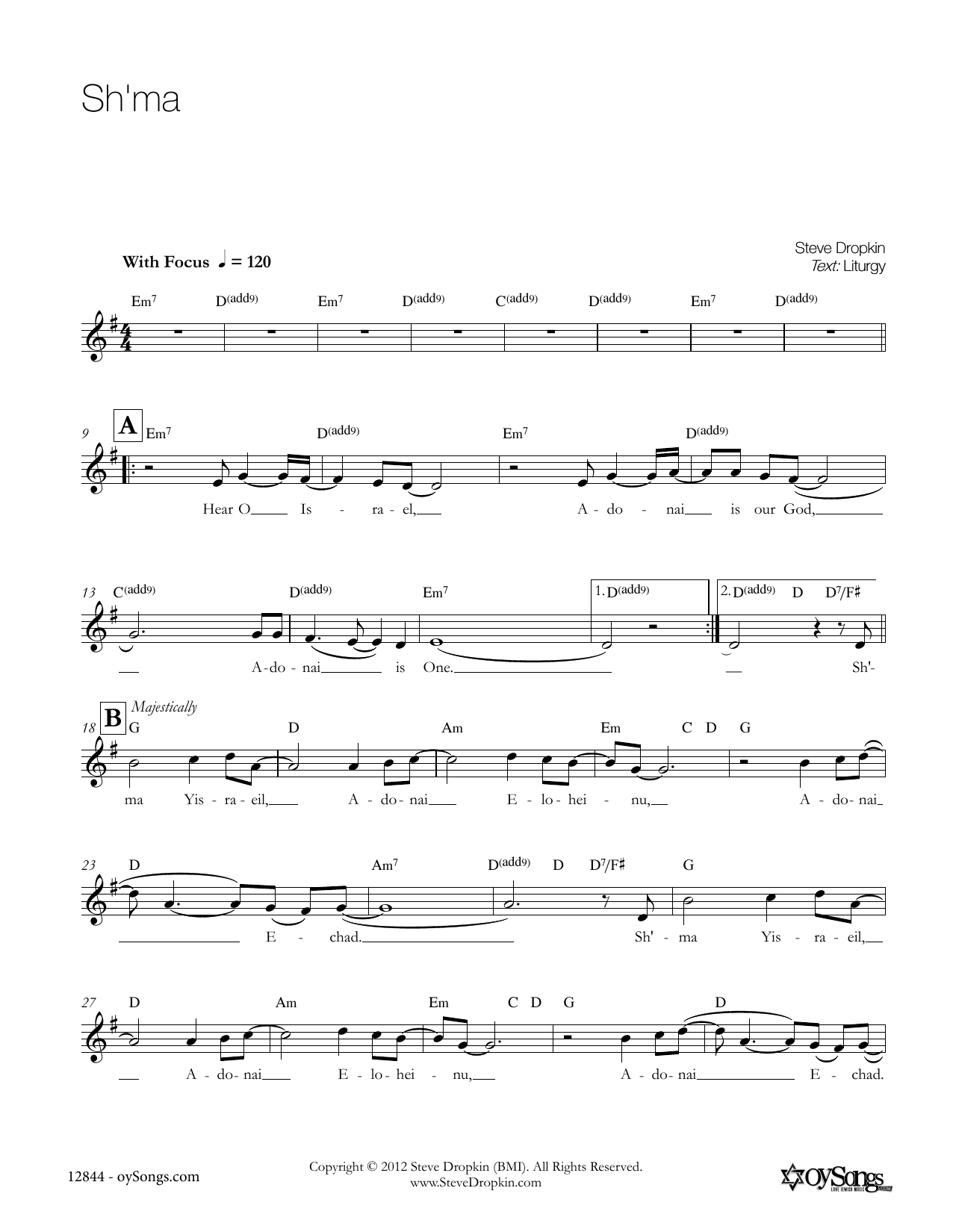 Steve Dropkin Sh'ma sheet music notes and chords. Download Printable PDF.