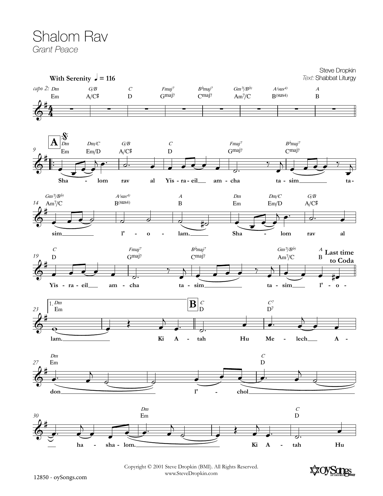 Steve Dropkin Shalom Rav sheet music notes and chords. Download Printable PDF.