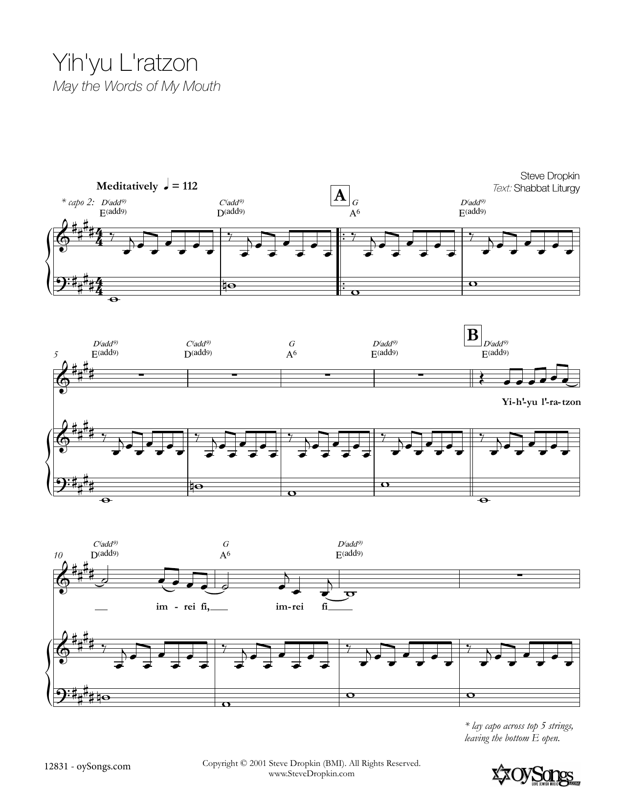 Learn to play Steve Dropkin Yih'yu L'ratzon sheet music for Lead Sheet / Fake Book in minutes. Price: 5.9900$ Steve Dropkin Yih'yu L'ratzon sheet music notes and chords arranged for Lead Sheet / Fake Book