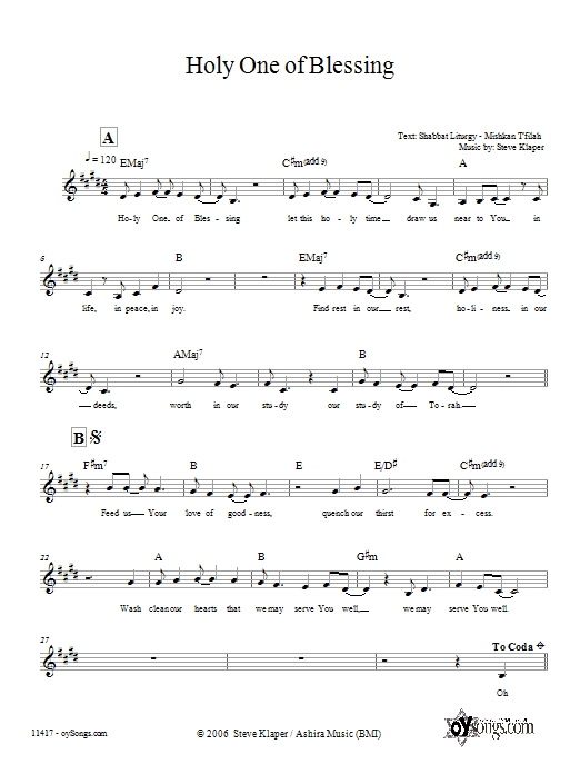 Learn to play Steve Klaper Holy One of Blessing sheet music for Lead Sheet / Fake Book in minutes. Price: 5.9900$ Steve Klaper Holy One of Blessing sheet music notes and chords arranged for Lead Sheet / Fake Book