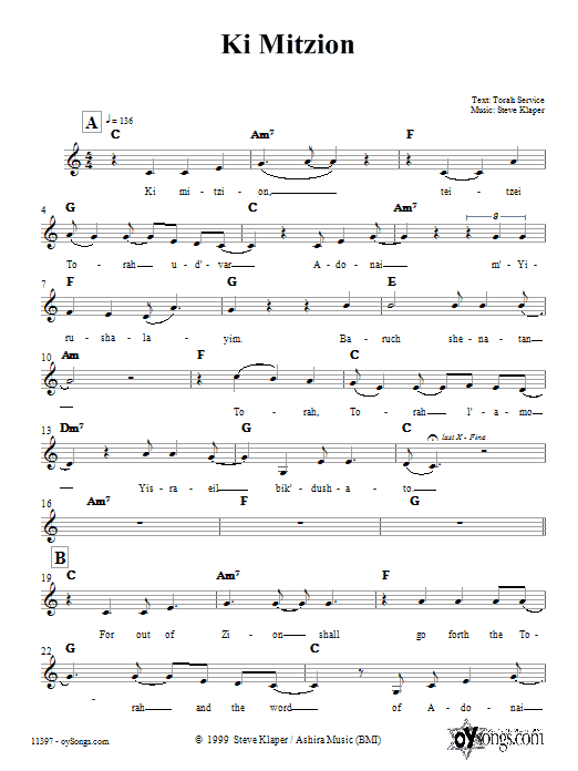 Steve Klaper Ki Mitzion sheet music notes and chords. Download Printable PDF.