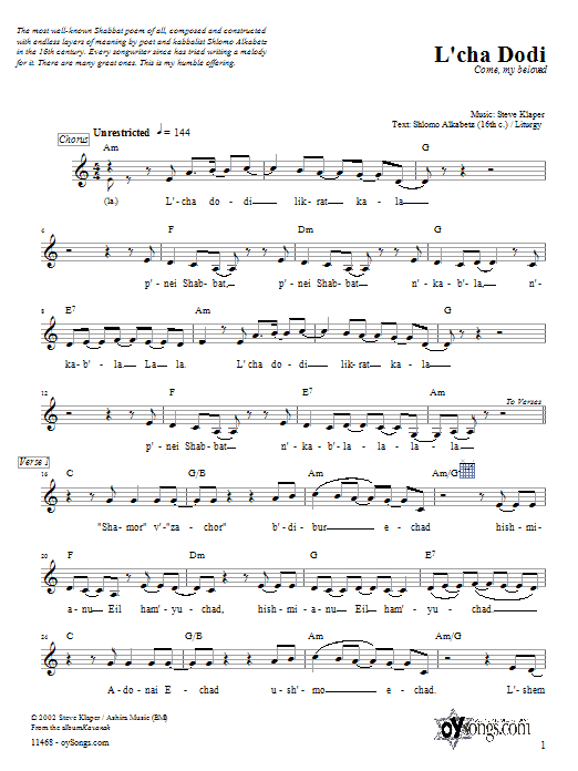 Steve Klaper L'cha Dodi sheet music notes and chords. Download Printable PDF.