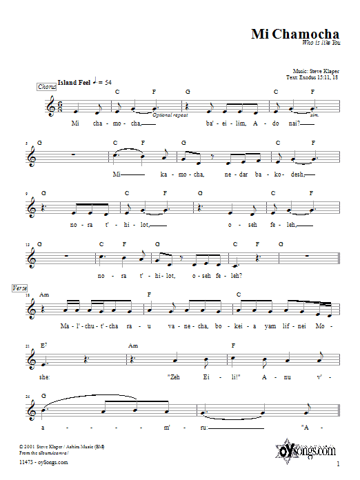 Steve Klaper Mi Chamocha sheet music notes and chords. Download Printable PDF.