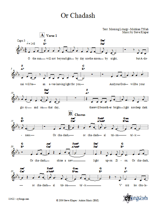 Steve Klaper Or Chadash sheet music notes and chords. Download Printable PDF.