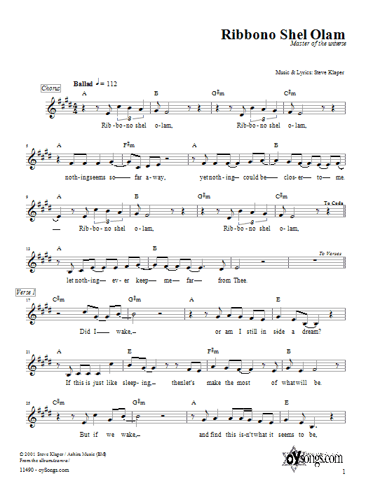 Steve Klaper Ribbono Shel Olam sheet music notes and chords. Download Printable PDF.