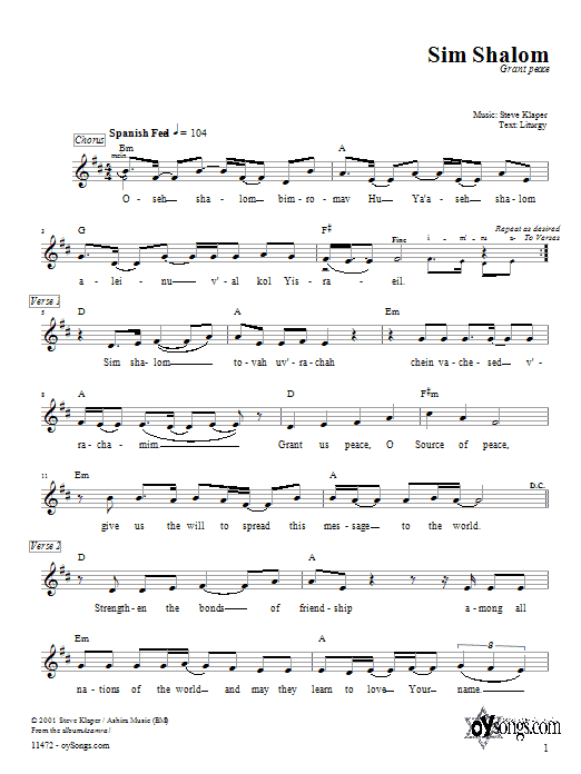 Steve Klaper Sim Shalom sheet music notes and chords. Download Printable PDF.