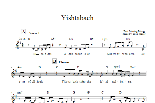 Learn to play Steve Klaper Yishtabach sheet music for Lead Sheet / Fake Book in minutes. Price: 5.9900$ Steve Klaper Yishtabach sheet music notes and chords arranged for Lead Sheet / Fake Book