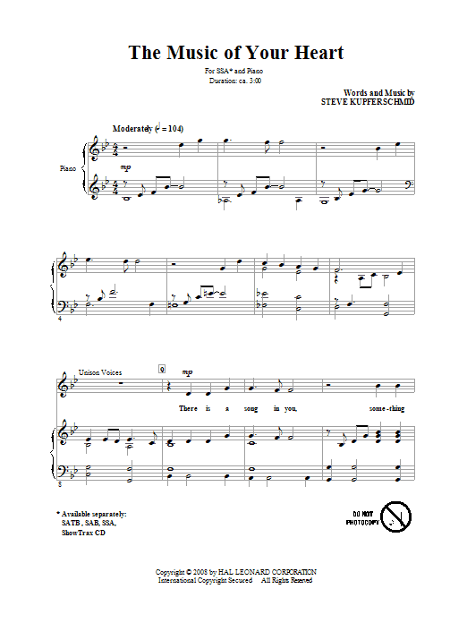Learn to play Steve Kupferschmid The Music Of Your Heart sheet music for SAB Choir in minutes. Price: 3.9900$ Steve Kupferschmid The Music Of Your Heart sheet music notes and chords arranged for SAB Choir