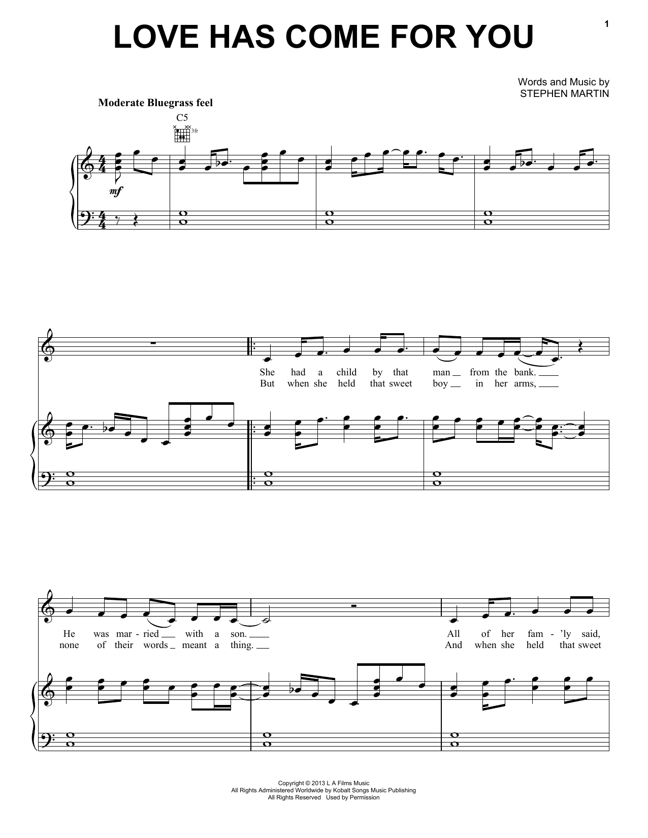 Learn to play Steve Martin & Edie Brickell Love Has Come For You sheet music for Piano, Vocal & Guitar (Right-Hand Melody) in minutes. Steve Martin & Edie Brickell Love Has Come For You sheet music notes and chords