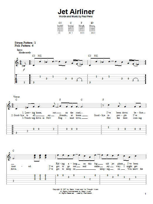 Steve Miller Band Jet Airliner sheet music notes and chords. Download Printable PDF.