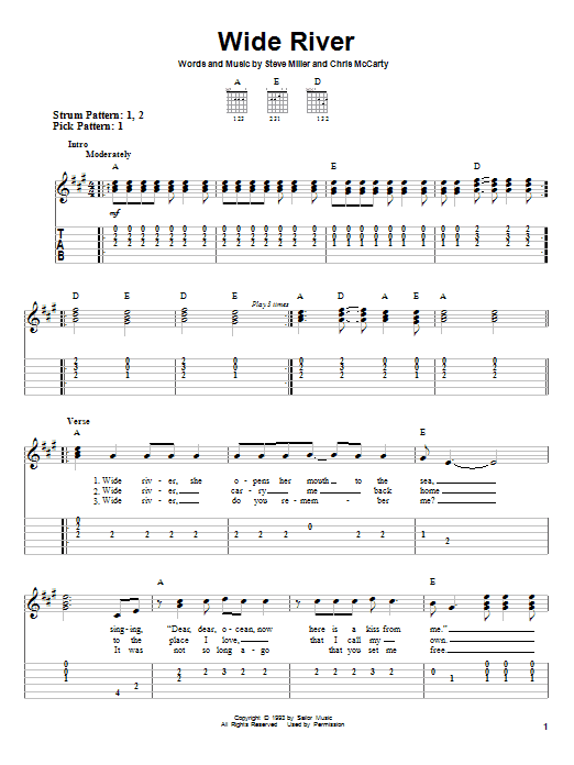 Steve Miller Band Wide River sheet music notes and chords. Download Printable PDF.