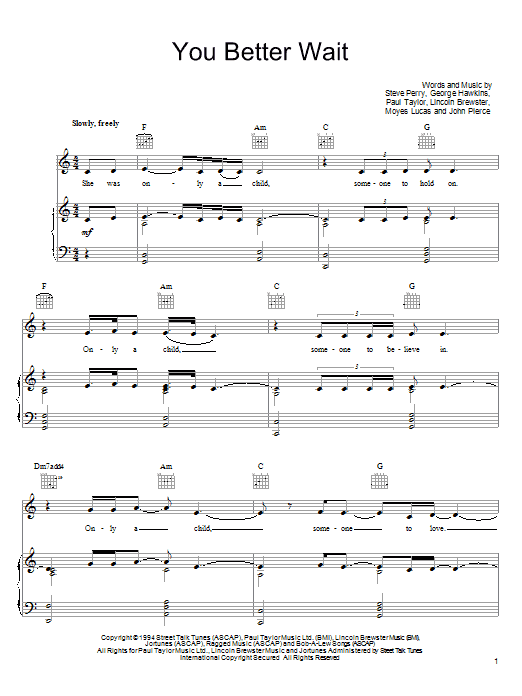 Steve Perry You Better Wait sheet music notes and chords. Download Printable PDF.