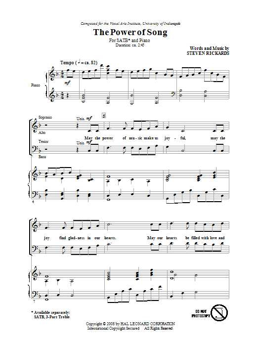 Learn to play Steve Rickards The Power Of Song sheet music for 3-Part Treble Choir in minutes. Price: 3.9900$ Steve Rickards The Power Of Song sheet music notes and chords arranged for 3-Part Treble Choir