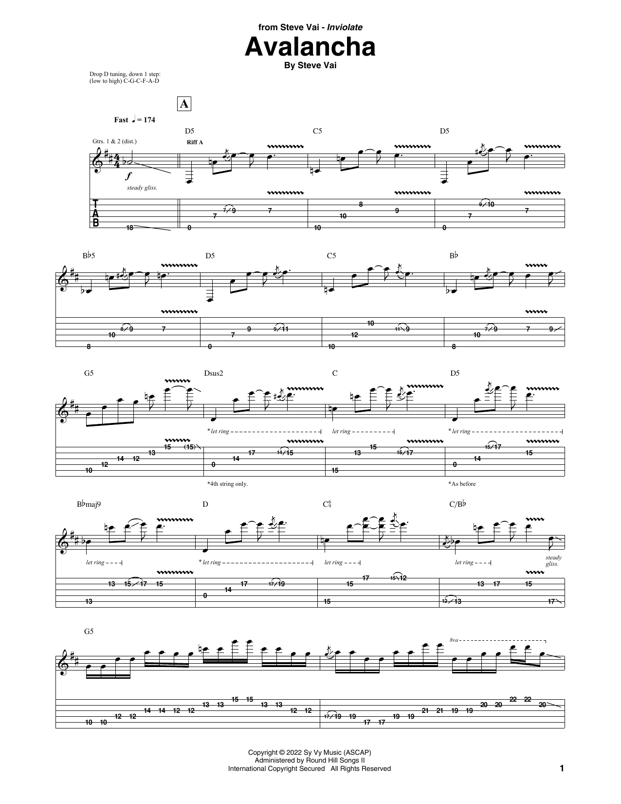 Steve Vai Avalancha sheet music notes and chords. Download Printable PDF.