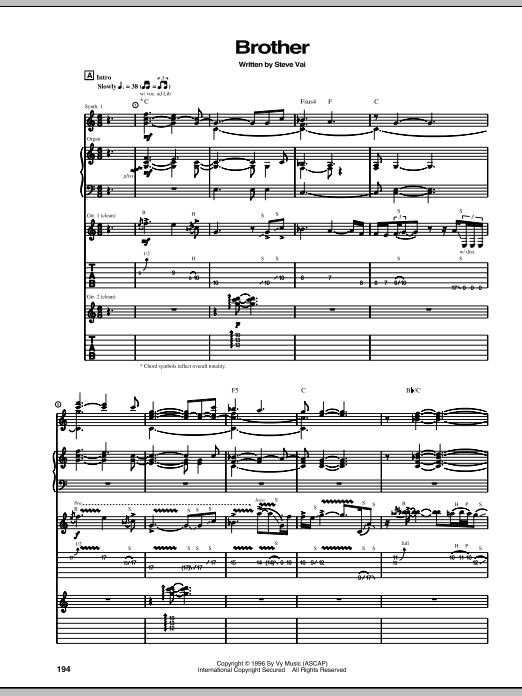 Steve Vai Brother sheet music notes and chords. Download Printable PDF.