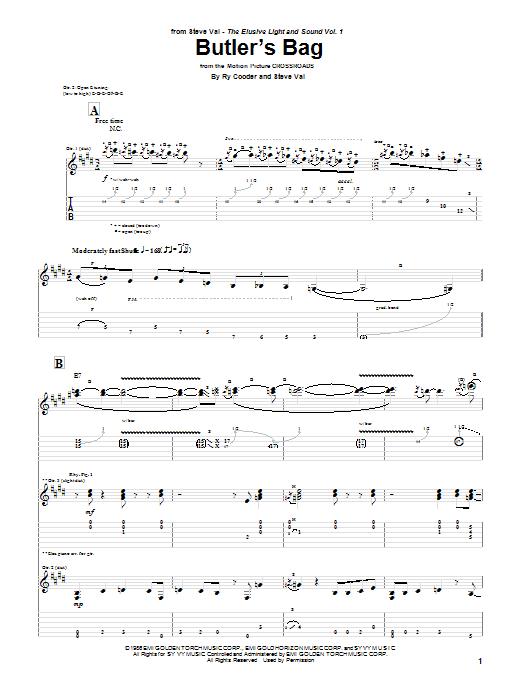 Steve Vai Butler's Bag sheet music notes and chords. Download Printable PDF.