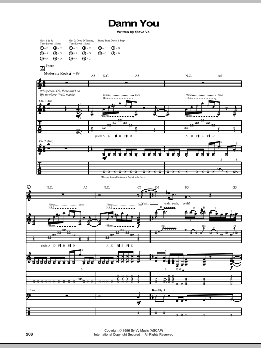 Steve Vai Damn You sheet music notes and chords. Download Printable PDF.