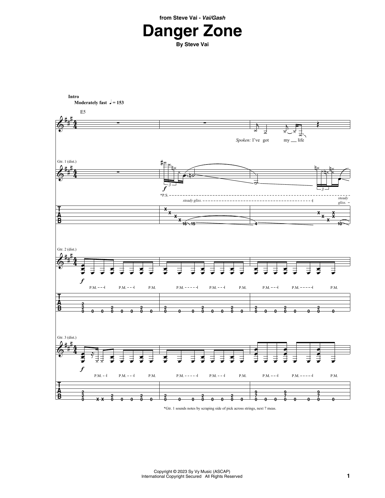 Steve Vai Danger Zone sheet music notes and chords. Download Printable PDF.