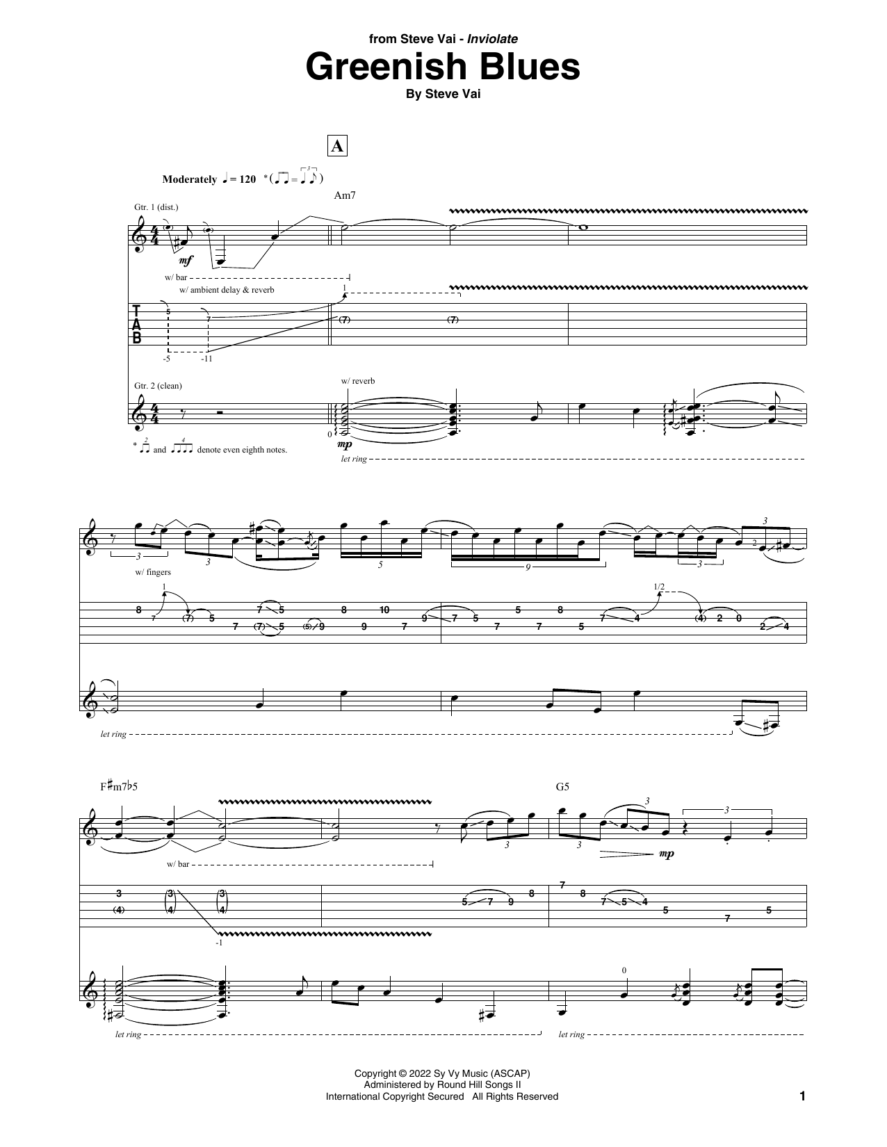 Steve Vai Greenish Blues sheet music notes and chords. Download Printable PDF.