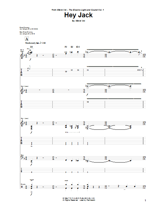 Steve Vai Hey Jack sheet music notes and chords. Download Printable PDF.