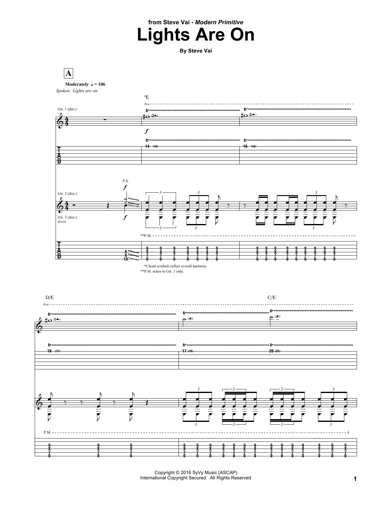 Steve Vai Lights Are On sheet music notes and chords. Download Printable PDF.