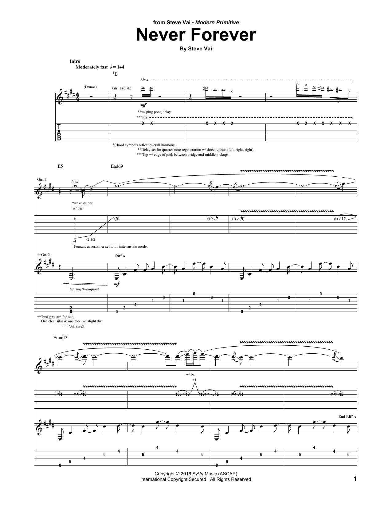 Steve Vai Never Forever sheet music notes and chords. Download Printable PDF.