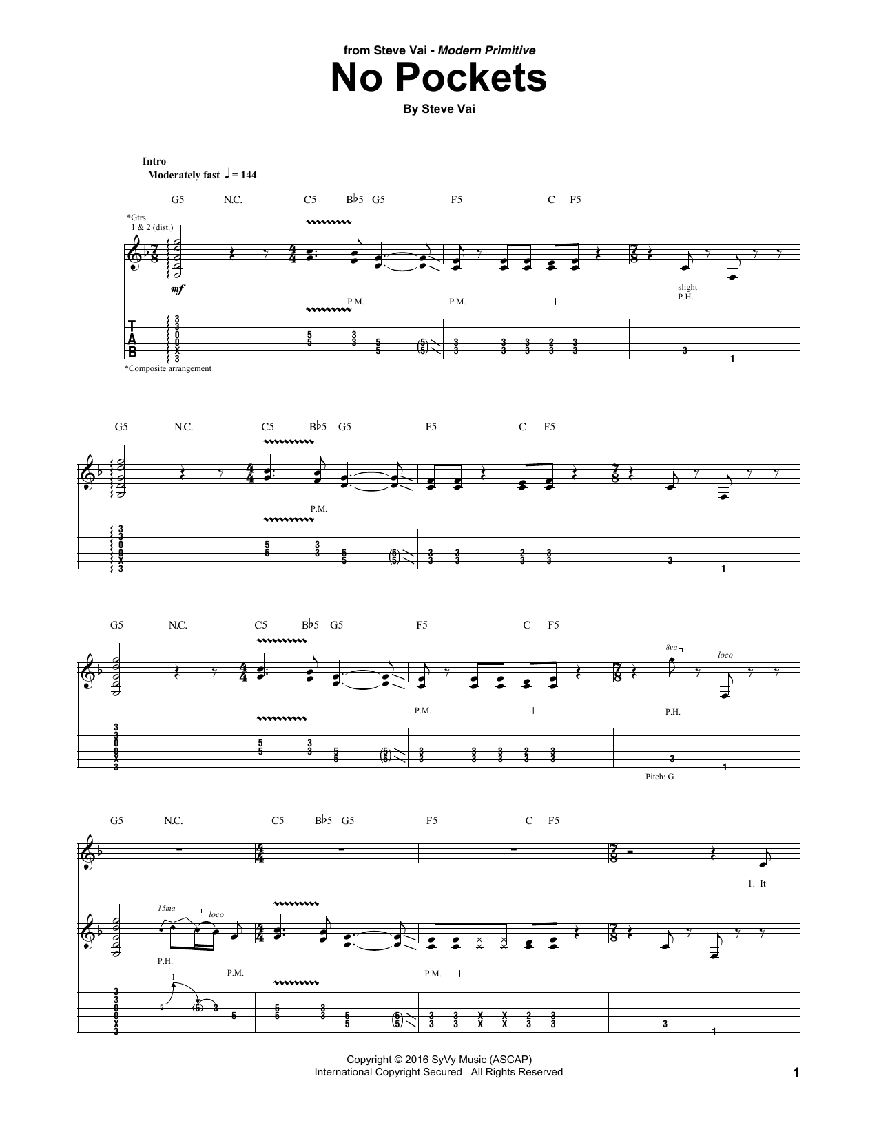 Steve Vai No Pockets sheet music notes and chords. Download Printable PDF.