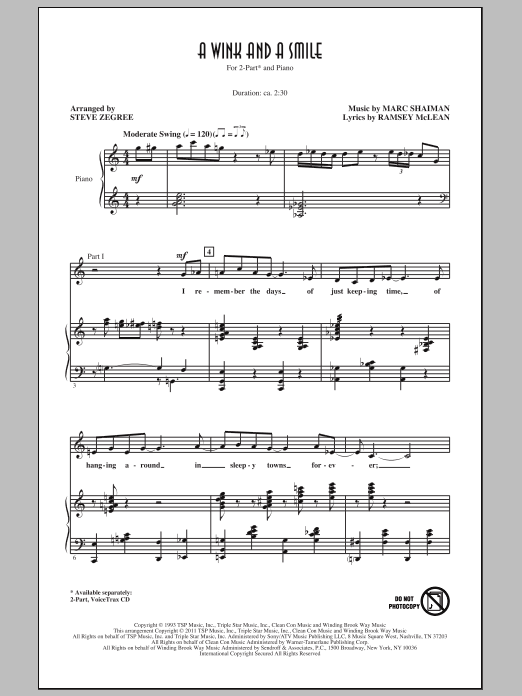 Learn to play Steve Zegree A Wink And A Smile sheet music for 2-Part Choir in minutes. Price: 3.9900$ Steve Zegree A Wink And A Smile sheet music notes and chords arranged for 2-Part Choir